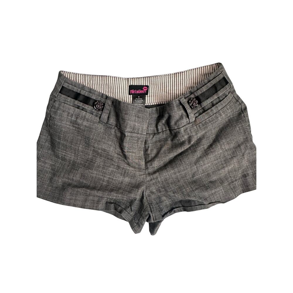 Flirtatious Grey Low Rise Crosshatch Shorts Satin Ribbon Rose Accent